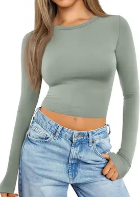 Women Crop Tops Long Sleeve Ribbed Slim Fit Workout Cropped Tee Y2K Short T-Shirts (lightgreen, M)