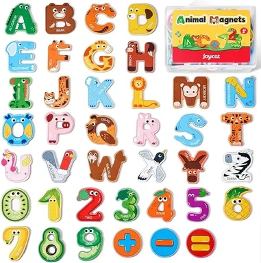 JoyCat Alphabet- & Zahlenmagnete aus Holz - große Ausführung, Tier-Motiv ABC, Set mit 26 Großbuchstaben und Zahlen von 0-9 für Kleinkinder, Neujahr-Angebot, Top-Geschenkideen