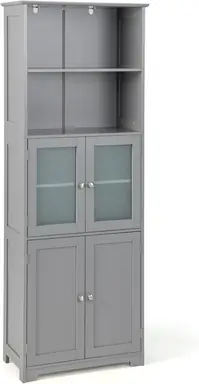 Costway Freestanding Storage Cabinet with Tempered Glass Door and Open Shelves-Grey
