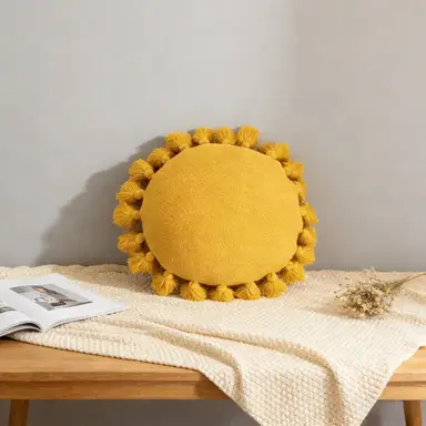 MEROPE, Acrylic Fringed Round Cushion, 45x45cm, yellow, 1pack