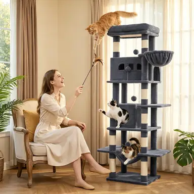 Arbre à chat de 212,5 cm de haut, 8 poteaux en sisal, structure d'escalade à six niveaux, double niche + grande plateforme, arbre à chat stable pour plusieurs chats.