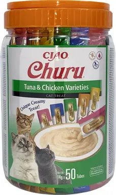 Inaba Churu Flüssigfutter-Tütchen für Katzen, Multipack mit Thunfisch- und Hühnerfleischgeschmack, Großpackung, 50 Tütchen, kalorienarm, Gewichtsverwaltung, Hydrations-Snack