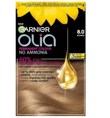 Garnier Olia No Ammonia Permanent Hair Dye 8.0 Blonde 1 Colourant Cream 1 Developer Cream 1 Conditioner