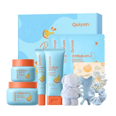 QUIYUM   New Year Gift Citrus Vitamin C Skincare Set (11pcs) - Facial Cleanser 100g, Eye Cream 20g, Face Cream 50g, Body Scrub 200g, Face Mask 25g×3, with Hair Ties×2, Facial Massage Comb, Teddy Bear Towel