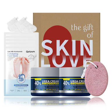 QUIYUM Foot Care & Maintenance Set (8pcs): Includes Urea Cream 100g×2, Foot Mask 35g×5, and a Foot File Stone.