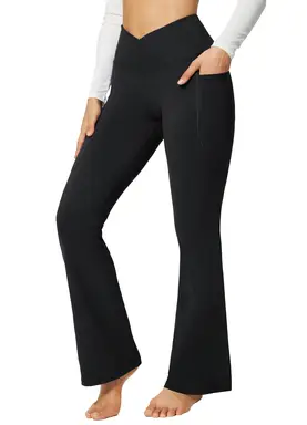 baleaf Women's Flared Leggings Yoga Pants with Pockets Bootcut Trousers Crossover High Waisted Workout Black 32" M