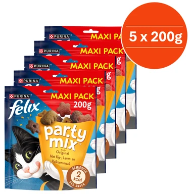 Felix Party Mix Original - kattensnacks - kattensnoepjes - kip, kalkoen en lever - 5 x 200 g