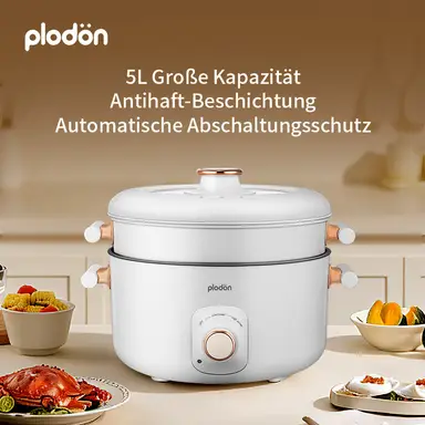Plodon 1200 W 5 L Multifunktions-Elektro-Hotpot mit Dampfgarer, antihaftbeschichtete Kochtopf für Stir-fry, Schmoren und Dampfgarer