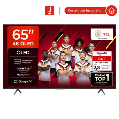 TCL 65T8C 65 Zoll QLED 4K HDR UHD Fernseher, Smart Google TV Dolby Vision Atmos,144Hz Motion Clarity Pro, Game Bar, ALLM, FreeSync, Onkyo 2.1 Sound, Sprachsteuerung, Kompatibel mit Google Assistant