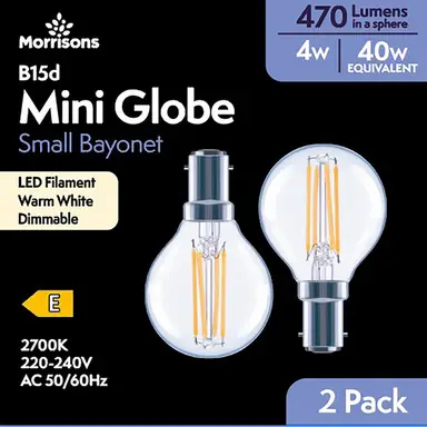 Morrisons Light Bulb LED Mini Globe Filament Bayonet B15d Warm White 4W 470 Lumens Dimmable 2pcs