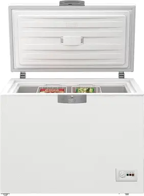 Beko HSM22340 Freezer, 230 L Usable Volume, 2 Freezer Baskets, Temperature Alarm, Lockable, LED Display System, Interior Lighting, 35 dB (A), Transport Wheels, White