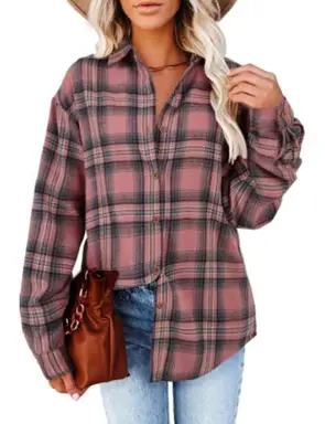 Women's Long Sleeve Plaid Shirts Flannel Collared Button Down Shacket Casual Rolled Up Boyfriend Blouse Tops (pink, M)