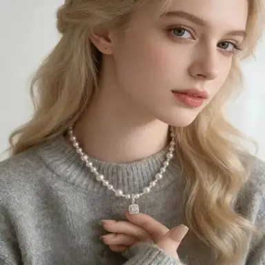 VoxorAI XL25 White Bubble Sugar Cube Necklace, Pearl Necklace, Sweater Chain, Pendant, Detachable, Suitable for All Seasons