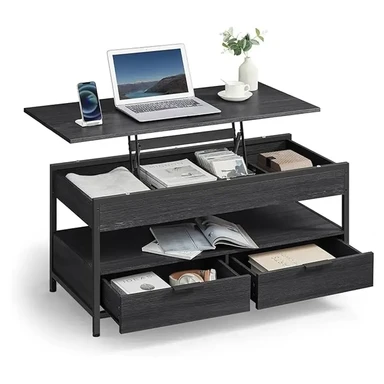 VASAGLE Table basse avec plateau relevable, tiroirs de rangement et compartiments cachés - Noir charbon