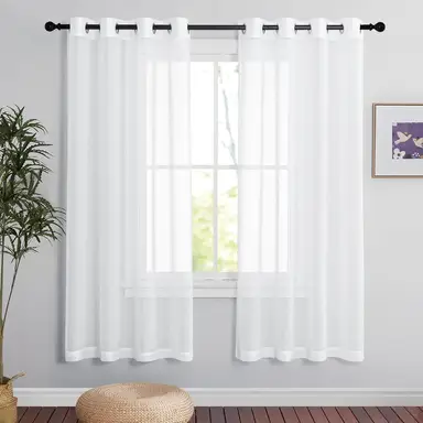 PONY DANCE Transparente Leinenoptik-Vorhänge mit Ösen, 2 Paneele B140 x L175 cm, Weiß