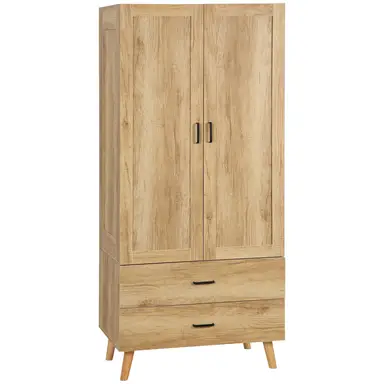 HOMCOM Modern 2-Door Wardrobe with 2 Drawers and Rail, Deep Clothes Storage Unit for Bedroom, 80 x 54 x 180 cm, Natural