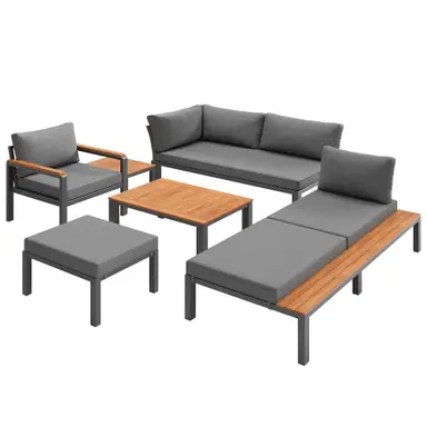 Modular Outdoor Sofa Set with Free Combination, Aluminium Frame, Breathable Cushions, Wooden Coffee Table & Side Table, for Patio, Garden & Backyard 