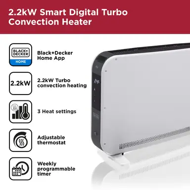 BLACK+DECKER 2.2kW Smart Convection Turbo Heater, 3 Heat Settings, Adjustable Thermostat, 24 Hour Timer, WiFi App Control - White, BXCV41014GB