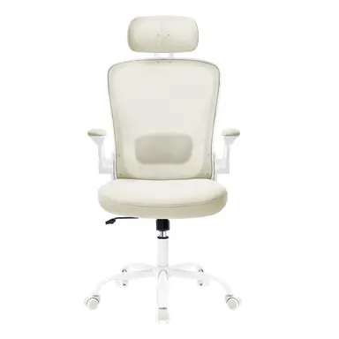 SONGMICSHOME Home Office Mesh Stuhl, ergonomischer Drehstuhl mit Lordosen- und Kopfstütze, klappbaren Armlehnen und Neigefunktion, Beige