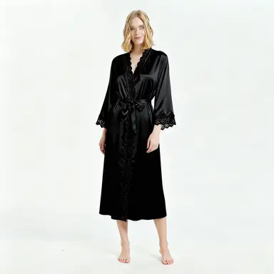 IZURIA long-sleeved black silk-like bathrobe  S