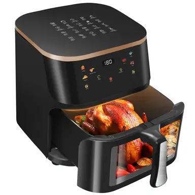 Oyajia 9L airfryer met zichtvenster, type nr. 21, familiegroot, 6-in-1 kookprogramma’s, smart-touchscreen, timerfunctie, vaatwasbestendig, gezond, olievrij en vetarm koken, zwart