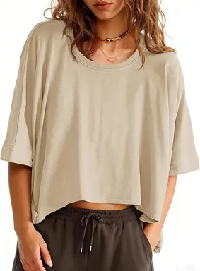 Women's Oversized T-Shirts Cropped Summer Casual Short Sleeve Loose Fit Tee Tops (khaki, M)