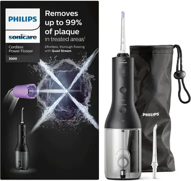 Philips Sonicare Kabelloser Power Flosser 3000 Munddusche, Wasserflosser für Zähne, Zahnfleisch und Mundpflege, Schwarz (Modell HX3826/33)