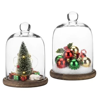 MyGift Klarglas-Glocke, Ausstellungs-Glasglocke mit Griff und rustikaler brauner Massivholz-Basis, 2er-Set