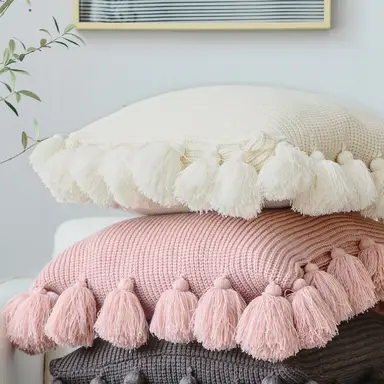 MEROPE, Acrylic Knit/Fringed Cushion Cover, 50x50cm, pink, 1pack