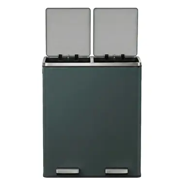 SONGMICS Doppel-Mülleimer, 2 x 30L Recyclingbehälter mit 15 Müllbeuteln, 2-Fach-Metall-Pedaleimer mit Deckeln und Kunststoff-Inneneimern, Soft-Close, grünlich-grau