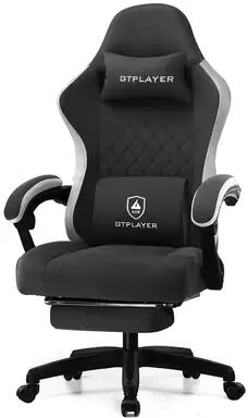 GTPLAYER Gaming-Stuhl, ergonomisch, mit Stoffoberfläche und Federkernsitzkissen sowie Fußstütze, in Schwarz (Stoff), 55*50*130 cm