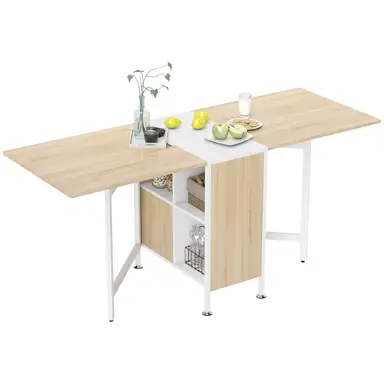 HOMCOM Folding Dining Table for 4 People, 169 cm Drop Leaf Table with Storage Shelves for Small Spaces, Kitchen, Dining Room, Oak & White