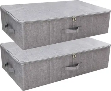 ANQI 2 Pack Foldable Underbed Storage Boxes with Zipper Cover, Light Grey