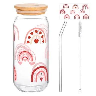 Alphynix 1pc Rainbow Love Glass Tumbler, 500ml Valentine‘s Day Gift with Colorful Hearts & Dots, Glass Straw & Wood Lid, Romantic Iced Drink Cup for Her/Him