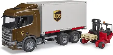 Bruder 03582 - Scania Super 560R UPS Logistics Truck with Loading Forklift - 1:16 Vehicles, Package Delivery, Freight Forwarding, Forklift, Transporter, Toy from 4 years.