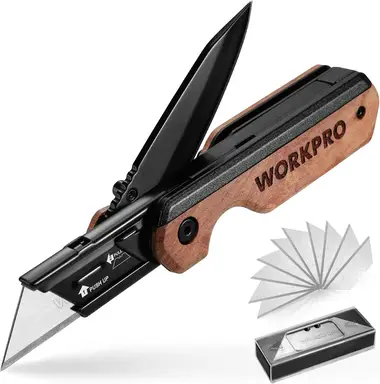 WORKPRO 2-in-1 Pocket Knife Folding Utility Knife Aluminium Folding Knife with Wooden Handle & Belt Clip, Liner Lock, Quick Change, Includes 10 Additional Blades