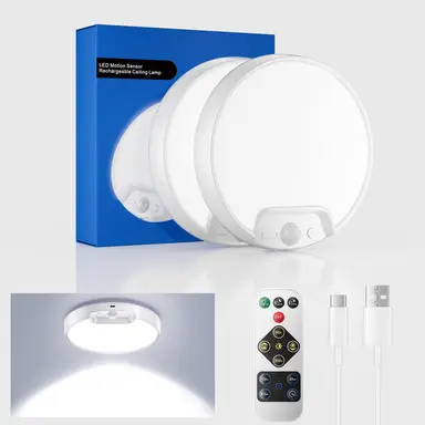 Homelist 2 Pack Motion Sensor Lights Indoor New Upgraded, 500LM 8000mAh LED Ceiling Lights with Remote Control, Battery Powered Rechargeable Lights for Shed Loft Bedroom Garage Porch Hallway Stair