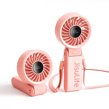 JISULIFE Portable Handheld Fan Life 7, 5000mAh Rechargeable, High-Power Motor, LED Display, 19.5 Hrs Cooling, 5 Speed, Foldable Design, 3-IN-1 , Pink