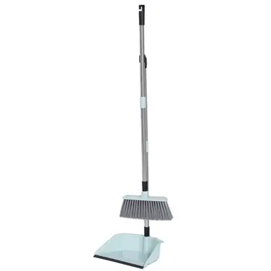 Stofpan en handborstelset van 25,5 cm breed met 70 cm ijzeren steel, blauw, 80 mm borstelharen