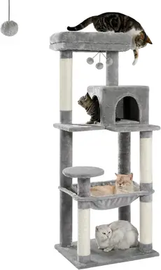 PAWZ Road 143 cm Luxuriöse Katzenstange, großer Katzenspielturm Aktivitätszentrum, stabiler Katzenstange mit Hängematte und schöner Katzenhaus, Grau