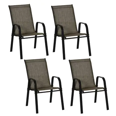 Outsunny 4 Pieces Garden Chairs, Stackable Outdoor Chairs with High Backrest and Armrest, Breathable Mesh Fabric Dining Chair Set of 4, Mixed Brown