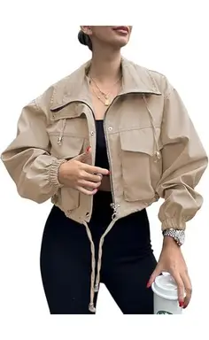 Women's Cropped Jacket Zip Up Lightweight Oversized Utility Anorak Coat with Pockets (khaki, M)