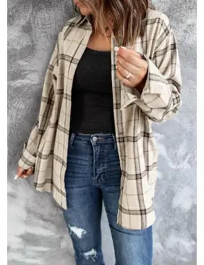 Women's Long Sleeve Plaid Shirts Flannel Collared Button Down Shacket Casual Rolled Up Boyfriend Blouse Tops (beige, M)