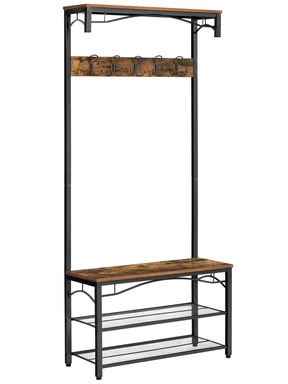 VASAGLE Coat Rack with Bench, 5 Hooks, Industrial Style, Brown and Black, 80x32x178.5cm