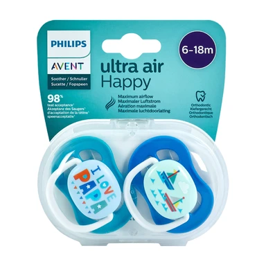 PHILIPS AVENT Ultra Air Happy Blue Pacifier 6-18 Months, 2 Pieces