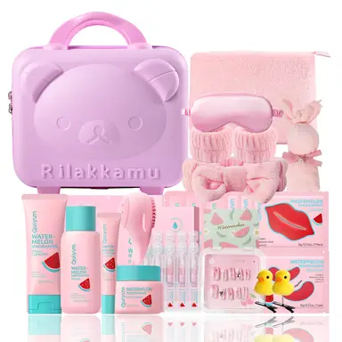 QUIYUM Watermelon Skincare Set (24pcs): Includes Cleanser 100g, Toner 160ml, Serum 2ml×10, Eye Cream 20g, Cream 50g, Eye Masks 6g×3, Lip Masks 6g×3, Sheet Masks 25g×3, plus Nail Stickers, Headband, Makeup Bag, Eye Mask, Towel, Hair Clips×2, Cleansing Brush, and a 14-inch Pink Cartoon Travel Case.