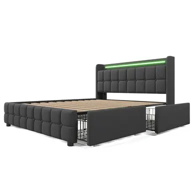 Gestoffeerd bed met hoofdbord met USB-oplaadfunctie en ledverlichting en lades, opbergbedden Grijs 140 x 200 cm