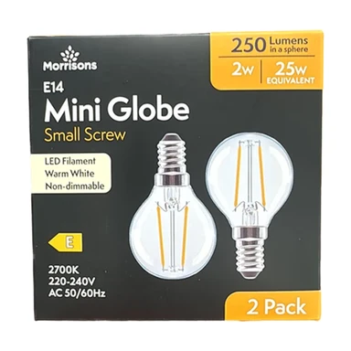 Morrisons Light Bulb LED Mini Globe Filament Screw E14 Warm White 2W 250 Lumens 2pcs