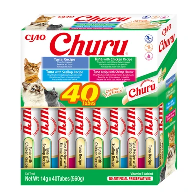 Inaba Churu Nassfutter-Tütchen für Katzen, Sorten-Mixbox (Thunfisch & Meeresfrüchte, 4 Sorten), 40er-Pack, Hydration und Gewichtskontrolle