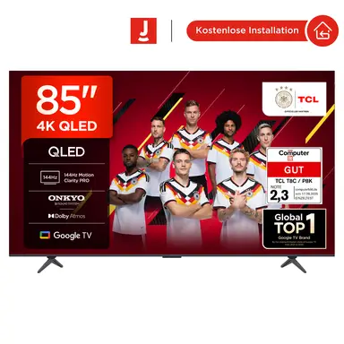 TCL 85T8C 85 Zoll QLED 4K HDR Ultra HD Fernseher, Smart TV mithilfe von Google TV (Dolby Vision Atmos, 144Hz Motion Clarity Pro, Game Bar, ALLM, FreeSync, Onkyo 2.1 Sound,Sprachsteuerung)